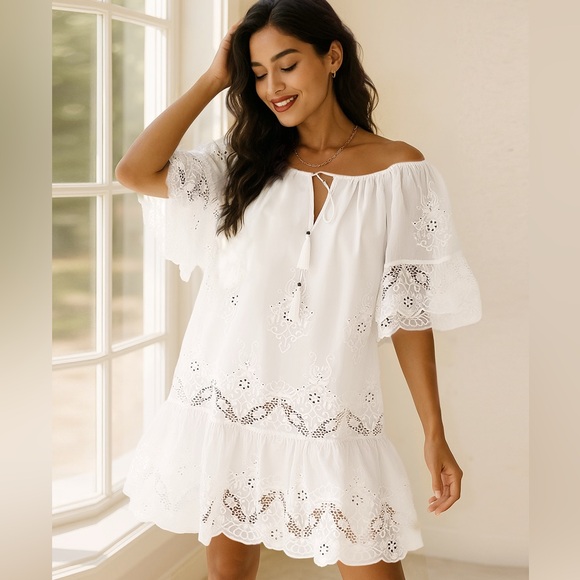 ♥️Hello Gorgeous! Eyelet Embroidered Tassel Tie Neck Dress - Picture 2 of 10